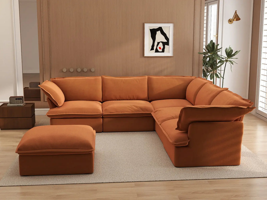 Deluxe Cloud Dark Orange 5-Seater Sofa with Storage | 6-Piece (includes 1 ottoman), Velvet Fabric, Washable Covers