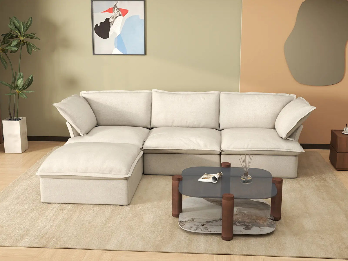 Deluxe Cloud 3-Seater Beige Storage L-Shaped Sectional | 4-Piece (includes 1 Ottoman), Linen and Cotton Fabric, Washable Covers