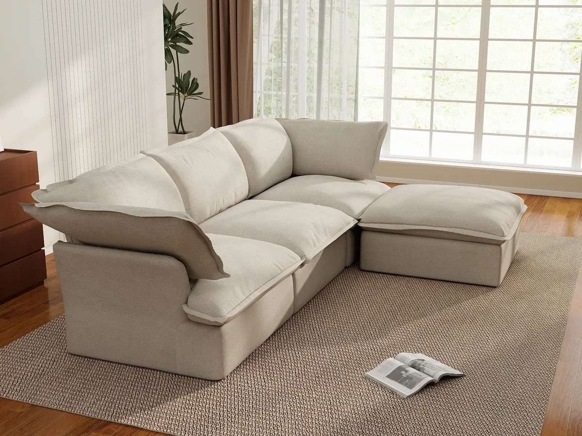 Deluxe Cloud 3-Seater Beige Storage L-Shaped Sectional | 4-Piece (includes 1 Ottoman), Linen and Cotton Fabric, Washable Covers