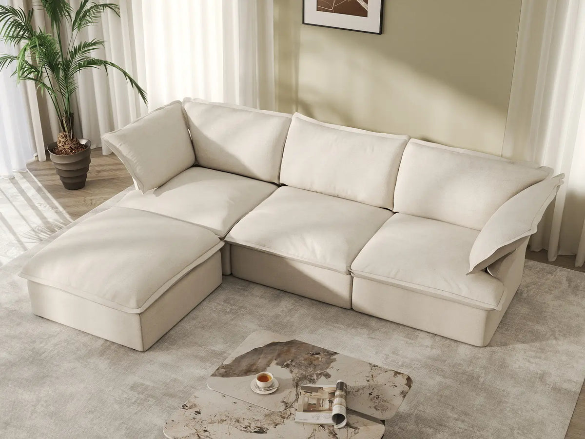 Deluxe Cloud 3-Seater Beige Storage L-Shaped Sectional | 4-Piece (includes 1 Ottoman), Linen and Cotton Fabric, Washable Covers