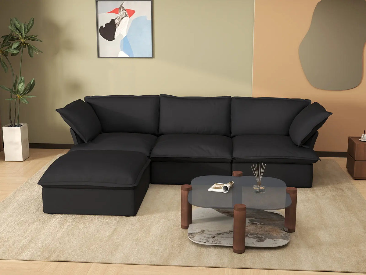 Deluxe Cloud 3-Seater Black Storage L-Shaped Sectional | 4-Piece (includes 1 Ottoman), Linen and Cotton Fabric, Washable Covers
