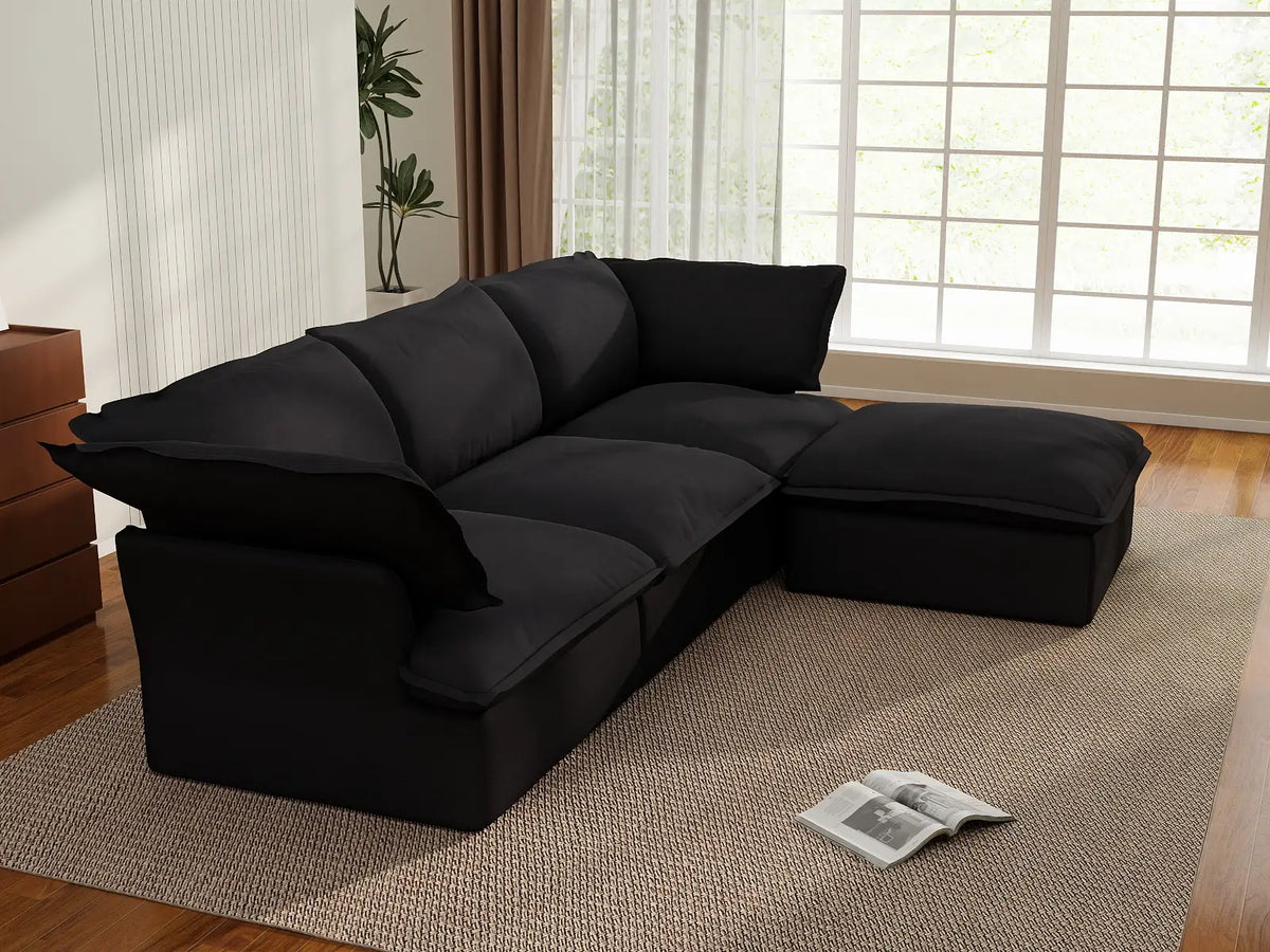 Deluxe Cloud 3-Seater Black Storage L-Shaped Sectional | 4-Piece (includes 1 Ottoman), Linen and Cotton Fabric, Washable Covers