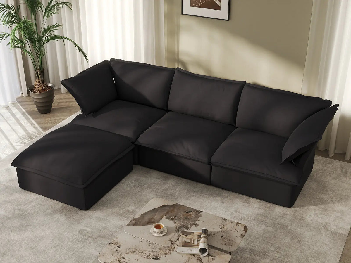 Deluxe Cloud 3-Seater Black Storage L-Shaped Sectional | 4-Piece (includes 1 Ottoman), Linen and Cotton Fabric, Washable Covers
