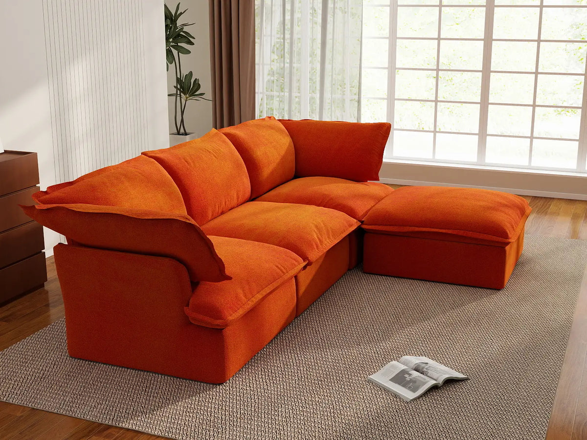 Deluxe Cloud 3-Seater Modular L-Shaped Sectional | 4-Piece (includes 1 ottoman), Velvet Fabric, Storage Ottoman