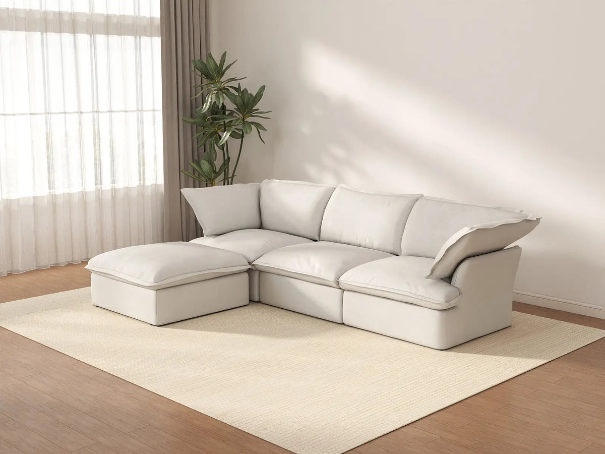 Deluxe Cloud 3-Seater White Storage L-Shaped Sectional | 4-Piece (includes 1 Ottoman), Linen and Cotton Fabric, Washable Covers