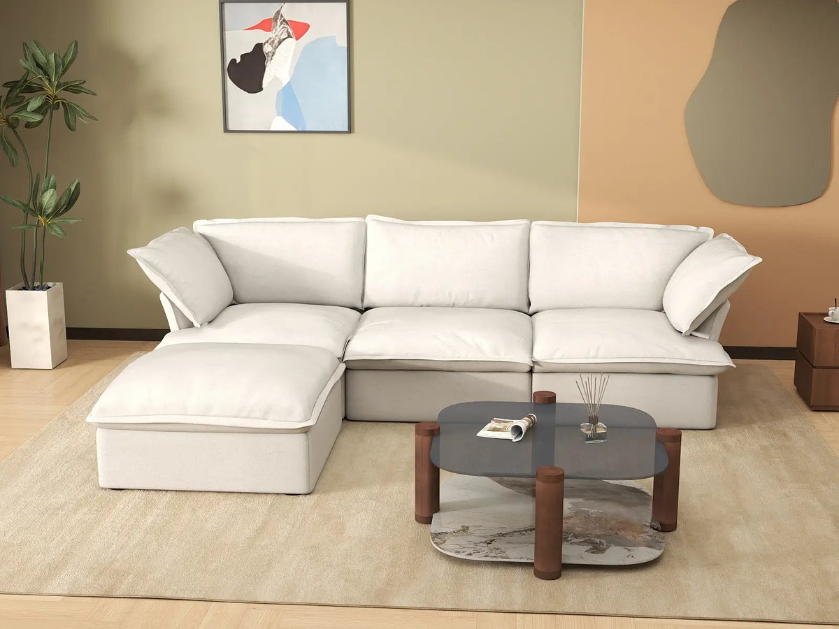 Deluxe Cloud 3-Seater White Storage L-Shaped Sectional | 4-Piece (includes 1 Ottoman), Linen and Cotton Fabric, Washable Covers