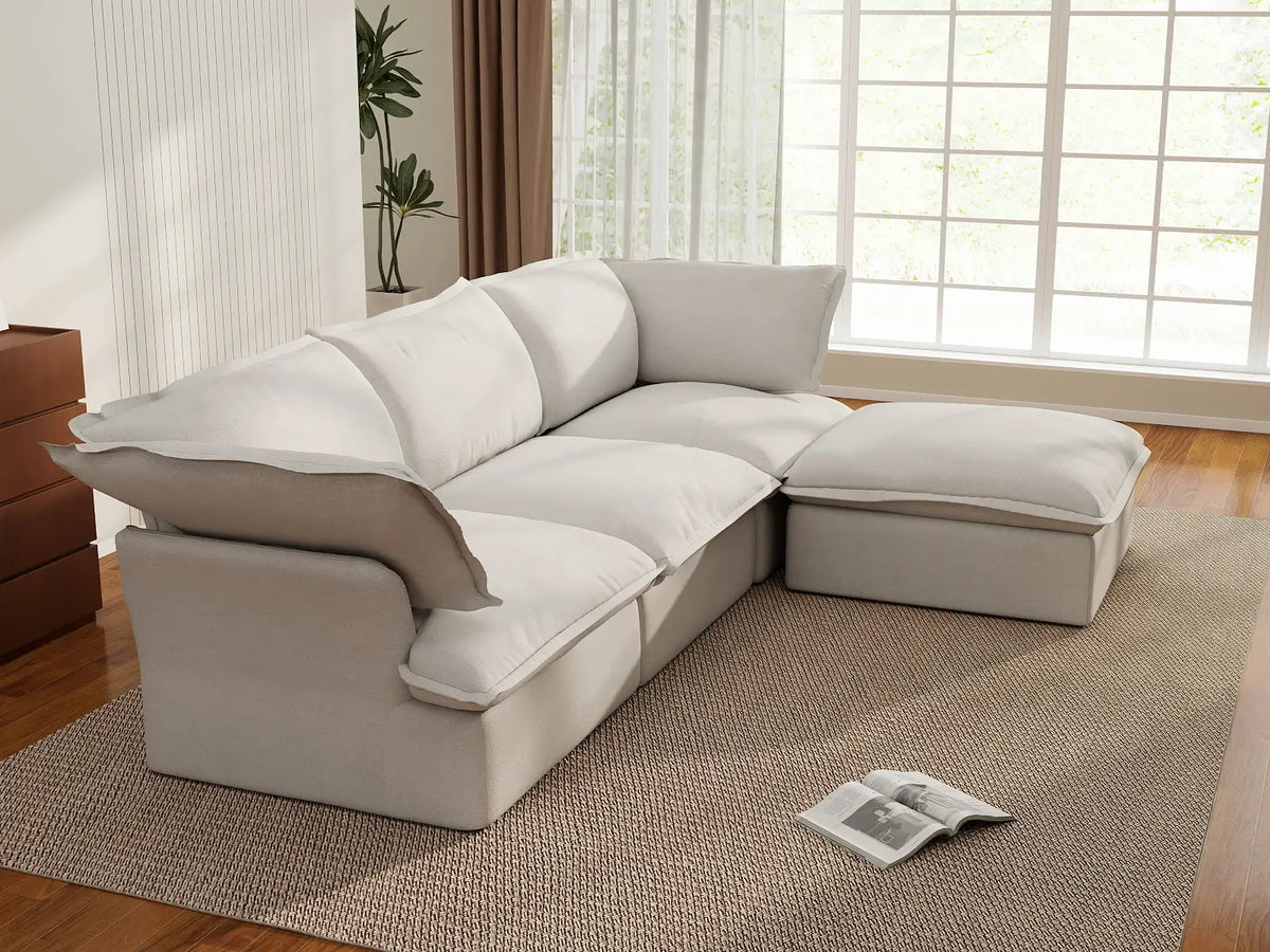 Deluxe Cloud 3-Seater White Storage L-Shaped Sectional | 4-Piece (includes 1 Ottoman), Linen and Cotton Fabric, Washable Covers