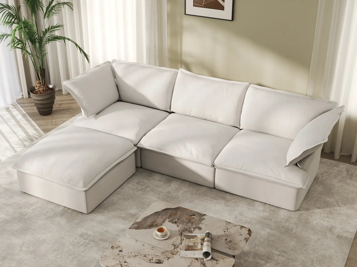Deluxe Cloud 3-Seater White Storage L-Shaped Sectional | 4-Piece (includes 1 Ottoman), Linen and Cotton Fabric, Washable Covers