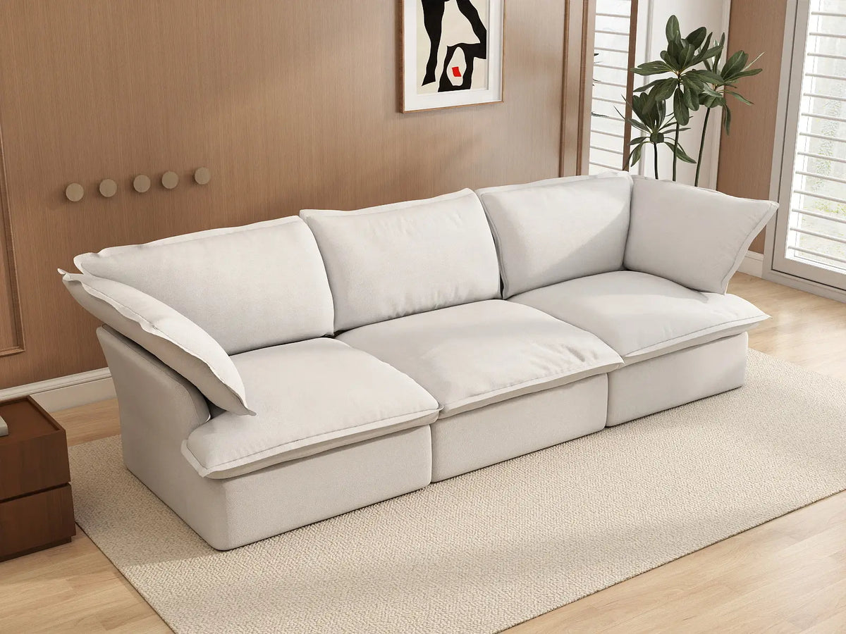 Deluxe Cloud 3-Seater White Washable Couch Sectional | 3-Piece, Linen and Cotton Fabric, Modular Design