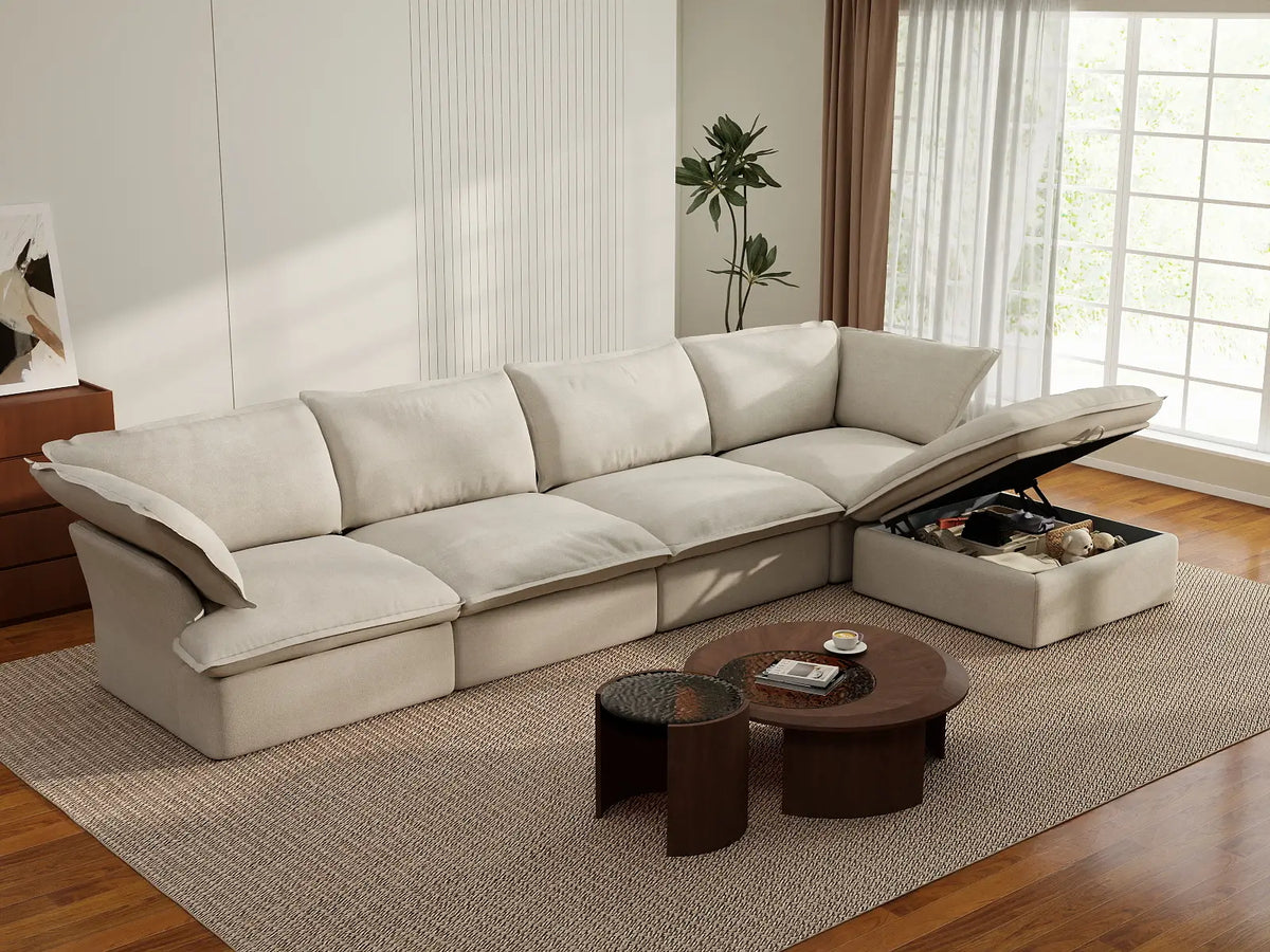 Deluxe Cloud 4-Seater Beige Storage L-Shaped Sectional | 5-Piece (includes 1 Ottoman), Linen and Cotton Fabric, Washable Covers