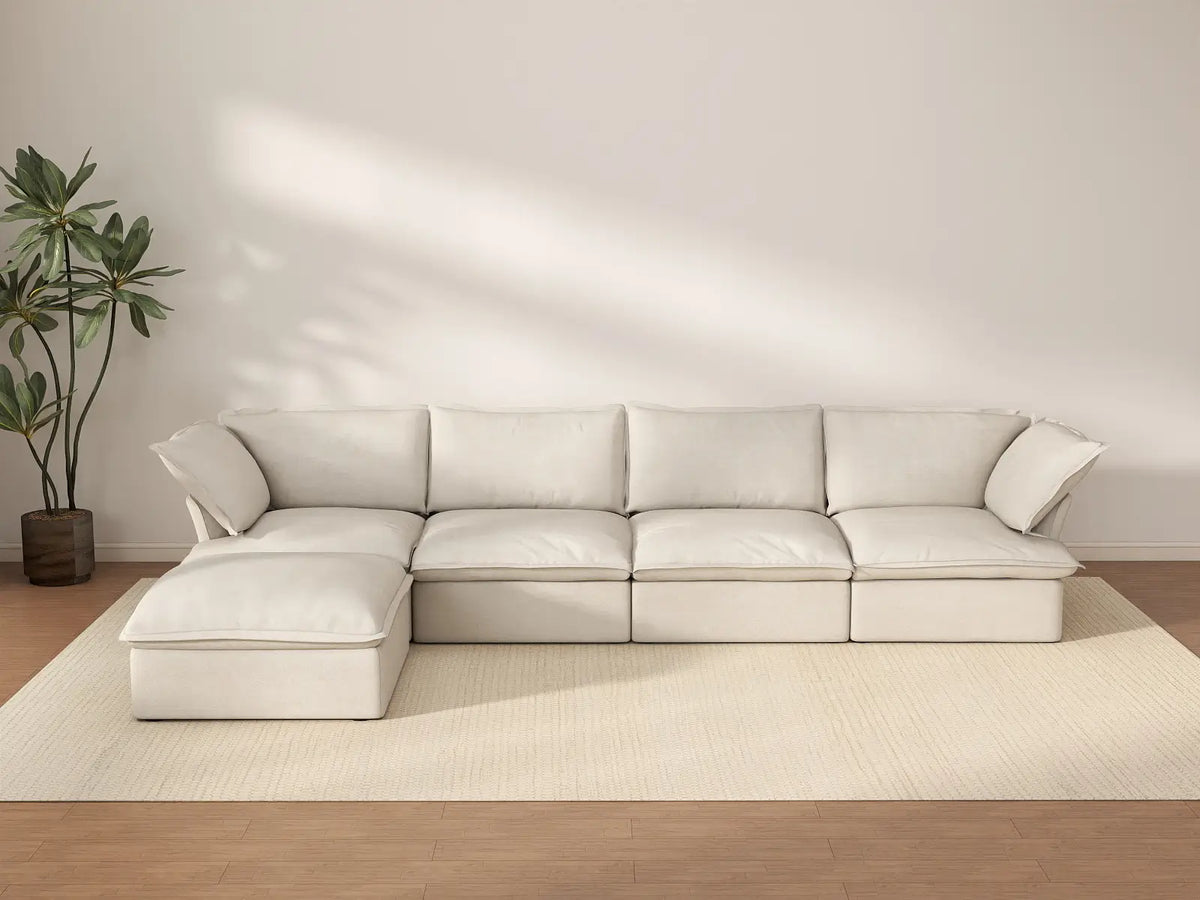 Deluxe Cloud 4-Seater Beige Storage L-Shaped Sectional | 5-Piece (includes 1 Ottoman), Linen and Cotton Fabric, Washable Covers