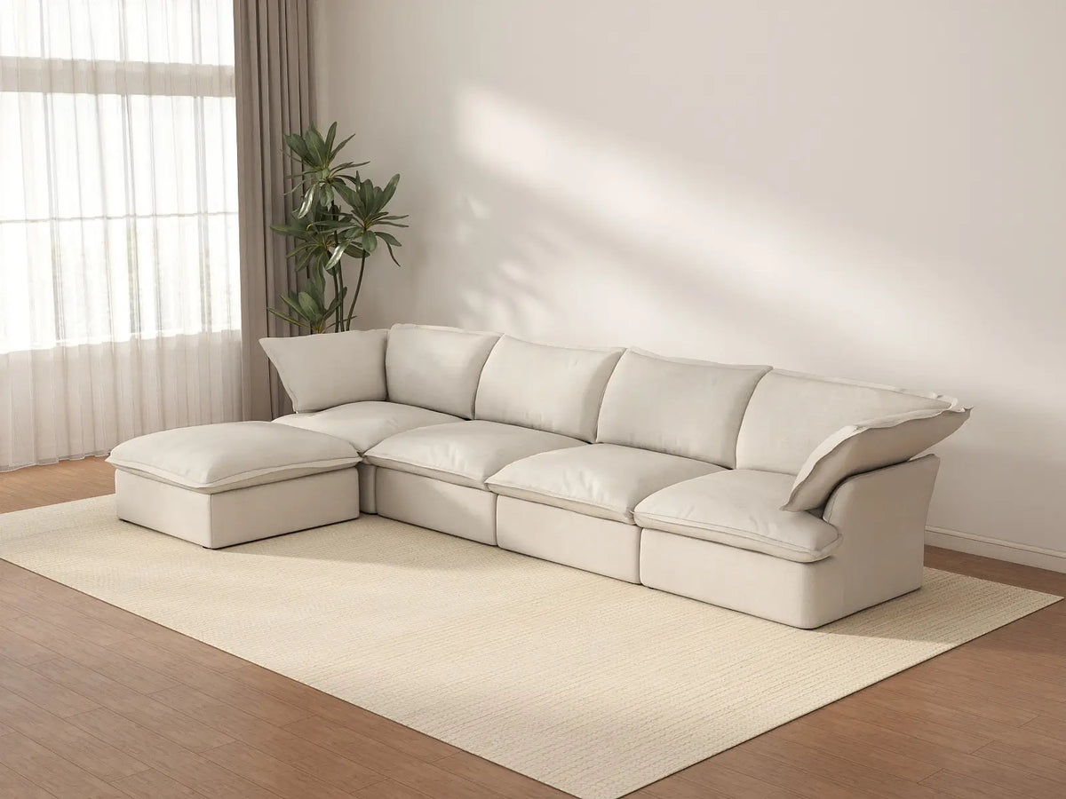 Deluxe Cloud 4-Seater Beige Storage L-Shaped Sectional | 5-Piece (includes 1 Ottoman), Linen and Cotton Fabric, Washable Covers