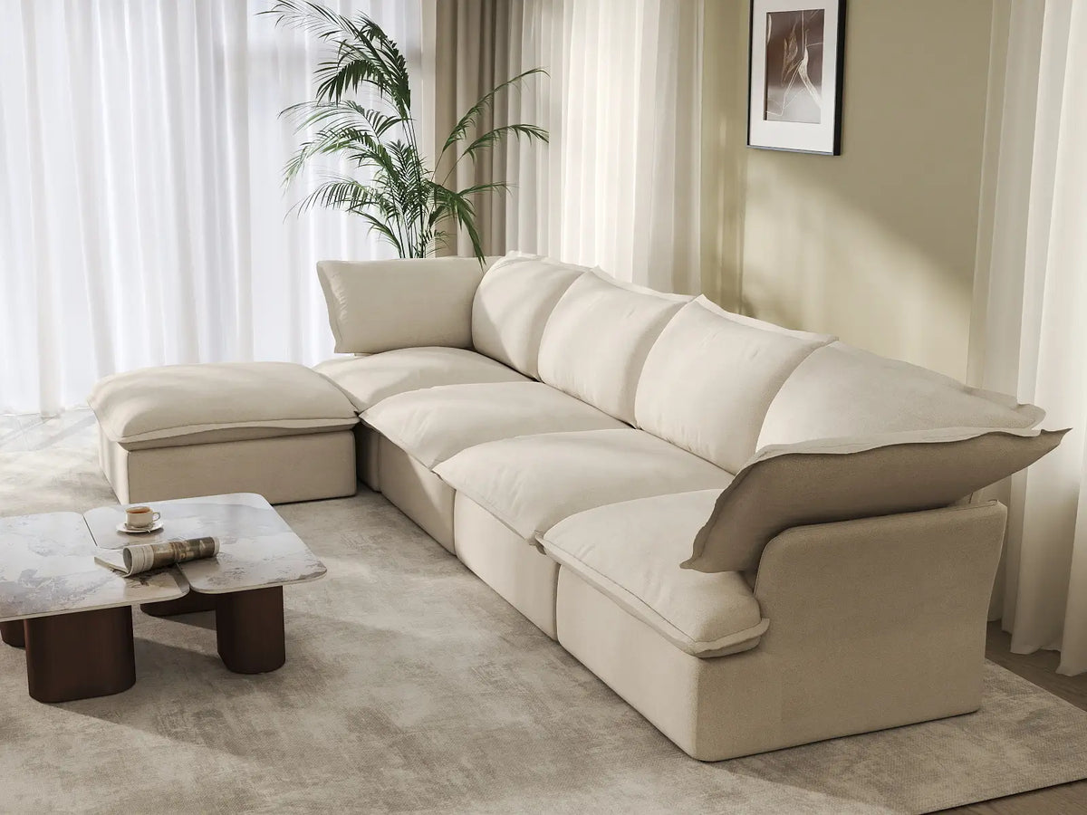 Deluxe Cloud 4-Seater Beige Storage L-Shaped Sectional | 5-Piece (includes 1 Ottoman), Linen and Cotton Fabric, Washable Covers