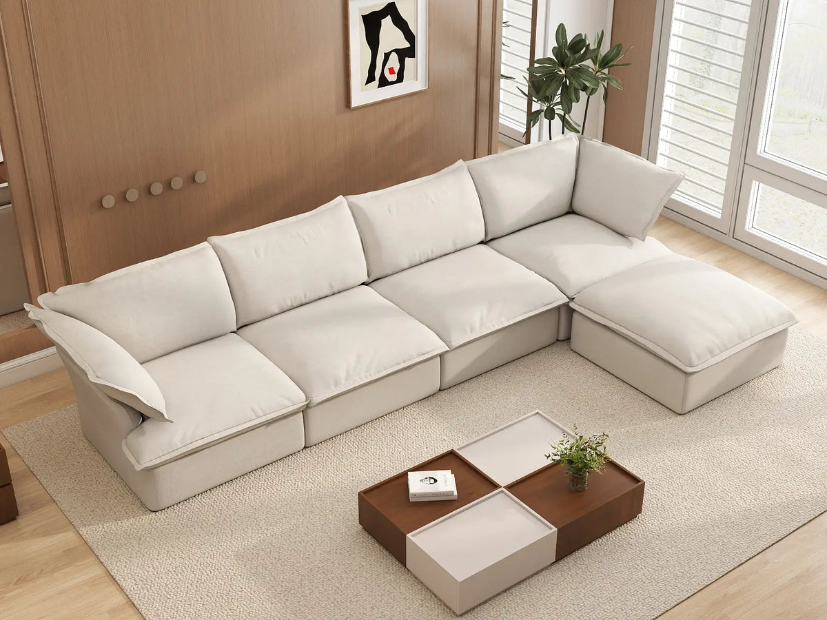 Deluxe Cloud 4-Seater Beige Storage L-Shaped Sectional | 5-Piece (includes 1 Ottoman), Linen and Cotton Fabric, Washable Covers