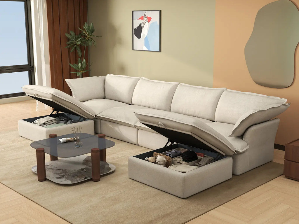 Deluxe Cloud 4-Seater Beige Storage U-Shaped Sectional | 6-Piece (includes 2 Ottomans), Linen and Cotton Fabric, Washable Covers