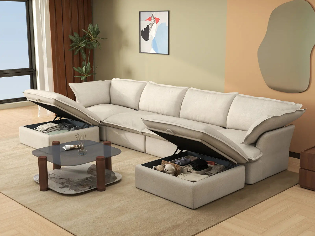 Deluxe Cloud 4-Seater Beige Storage U-Shaped Sectional | 6-Piece (includes 2 Ottomans), Linen and Cotton Fabric, Washable Covers