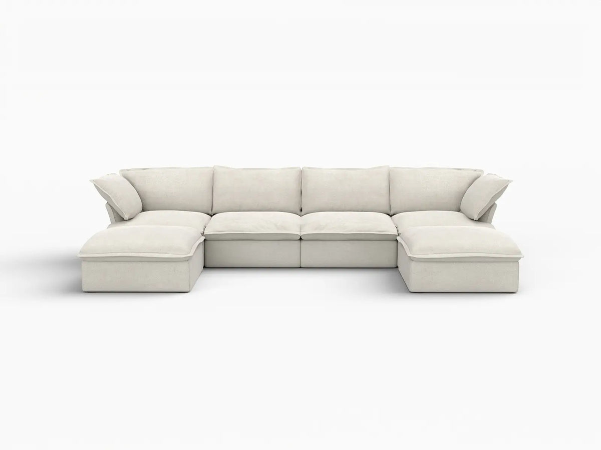 Deluxe Cloud 4-Seater Beige Storage U-Shaped Sectional | 6-Piece (includes 2 Ottomans), Linen and Cotton Fabric, Washable Covers