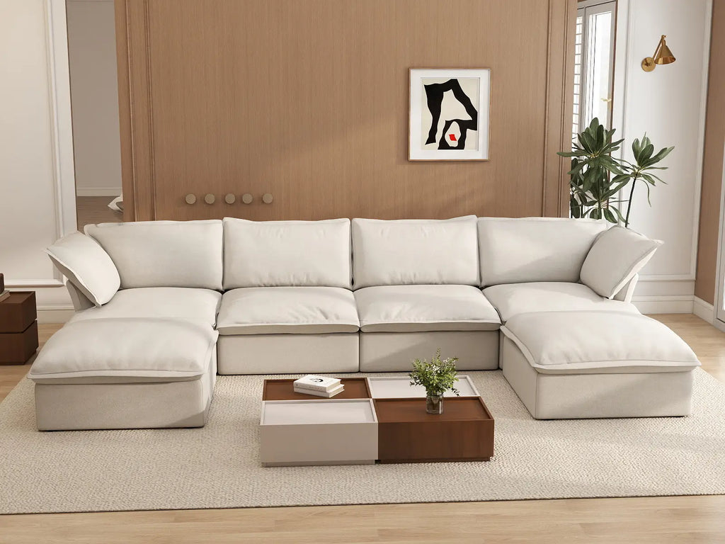 Deluxe Cloud 4-Seater Beige Storage U-Shaped Sectional | 6-Piece (includes 2 Ottomans), Linen and Cotton Fabric, Washable Covers