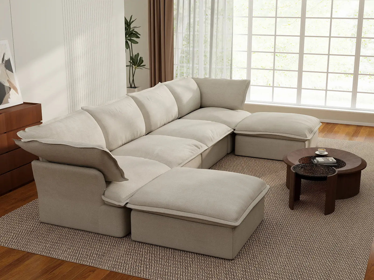 Deluxe Cloud 4-Seater Beige Storage U-Shaped Sectional | 6-Piece (includes 2 Ottomans), Linen and Cotton Fabric, Washable Covers