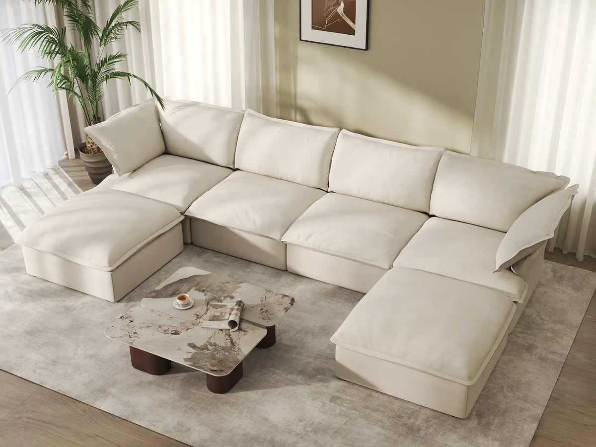 Deluxe Cloud 4-Seater Beige Storage U-Shaped Sectional | 6-Piece (includes 2 Ottomans), Linen and Cotton Fabric, Washable Covers
