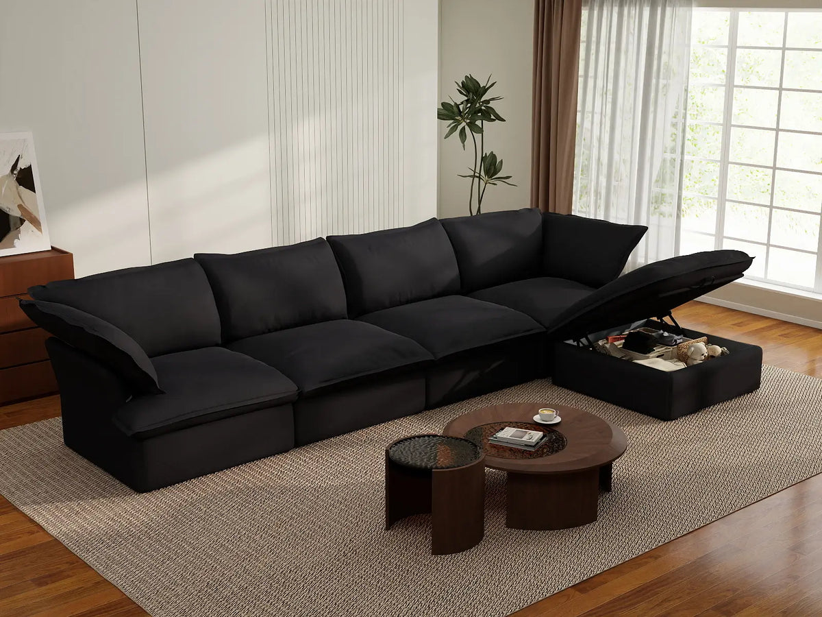 Deluxe Cloud 4-Seater Black Storage L-Shaped Sectional | 5-Piece (includes 1 Ottoman), Linen and Cotton Fabric, Washable Covers