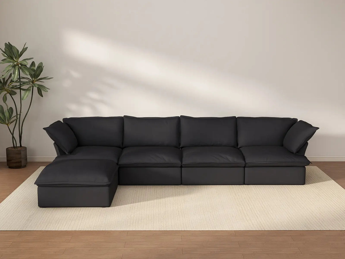 Deluxe Cloud 4-Seater Black Storage L-Shaped Sectional | 5-Piece (includes 1 Ottoman), Linen and Cotton Fabric, Washable Covers