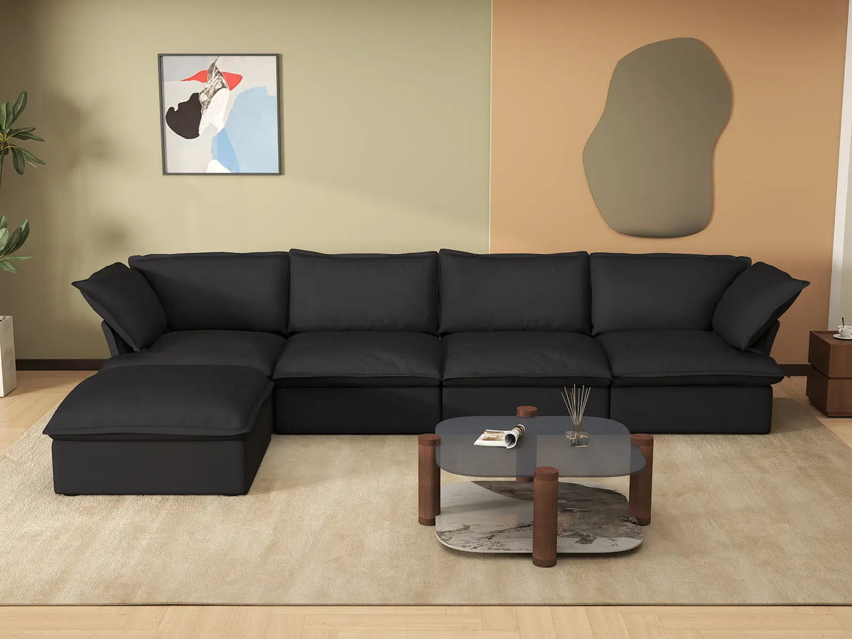 Deluxe Cloud 4-Seater Black Storage L-Shaped Sectional | 5-Piece (includes 1 Ottoman), Linen and Cotton Fabric, Washable Covers