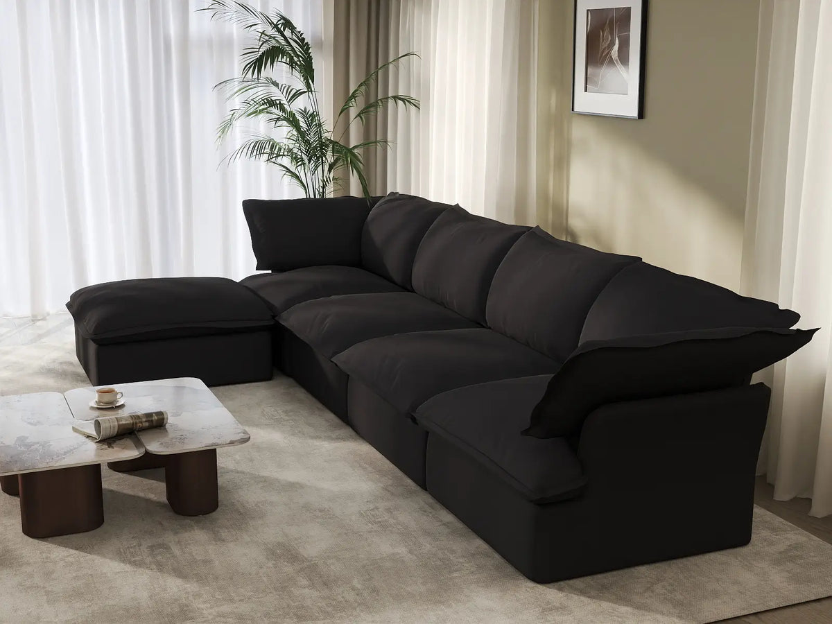 Deluxe Cloud 4-Seater Black Storage L-Shaped Sectional | 5-Piece (includes 1 Ottoman), Linen and Cotton Fabric, Washable Covers