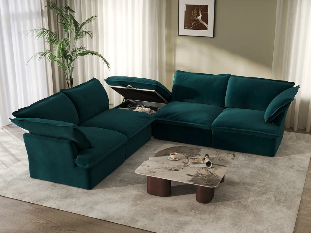 Deluxe Cloud 4-Seater V-Shaped Sectional with Storage | 5-Piece (includes 1 ottoman), Velvet Fabric, Washable Covers