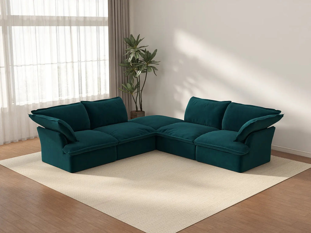 Deluxe Cloud 4-Seater V-Shaped Sectional with Storage | 5-Piece (includes 1 ottoman), Velvet Fabric, Washable Covers