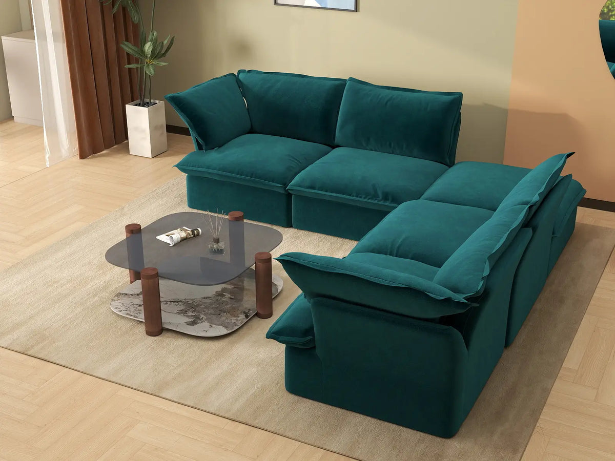 Deluxe Cloud 4-Seater V-Shaped Sectional with Storage | 5-Piece (includes 1 ottoman), Velvet Fabric, Washable Covers