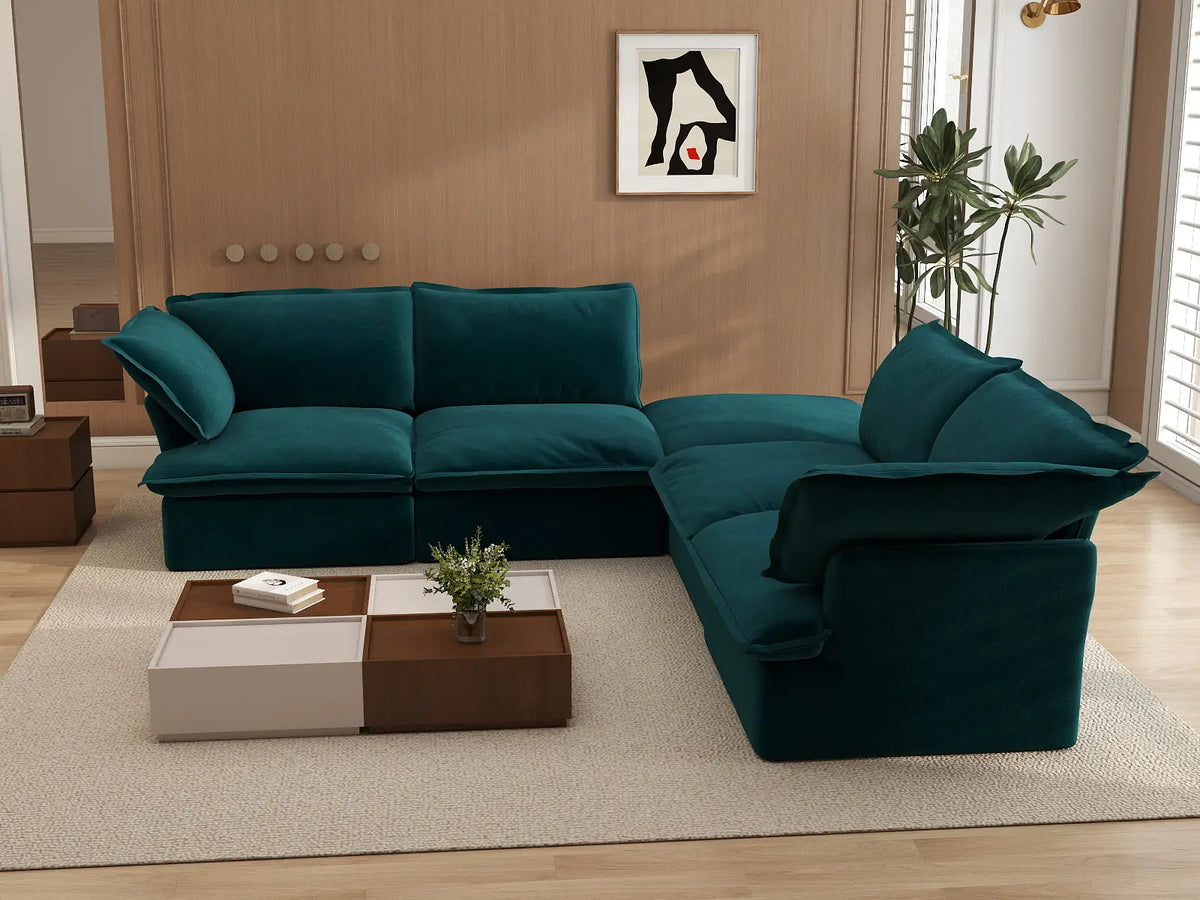Deluxe Cloud 4-Seater V-Shaped Sectional with Storage | 5-Piece (includes 1 ottoman), Velvet Fabric, Washable Covers