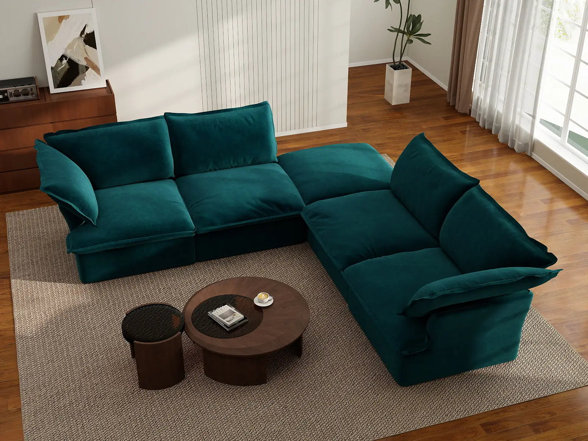Deluxe Cloud 4-Seater V-Shaped Sectional with Storage | 5-Piece (includes 1 ottoman), Velvet Fabric, Washable Covers