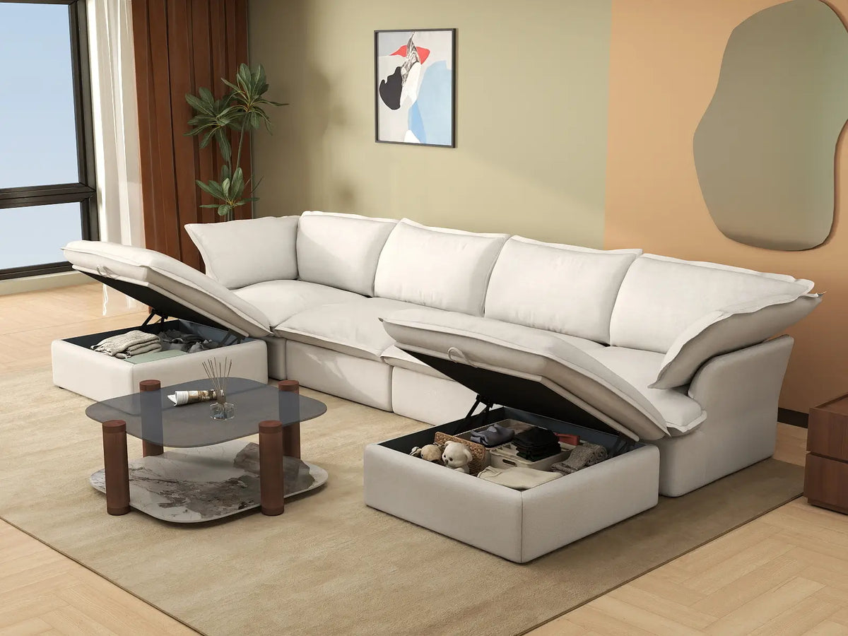 Deluxe Cloud 4-Seater White Storage U-Shaped Sectional | 6-Piece (includes 2 Ottomans), Linen and Cotton Fabric, Washable Covers