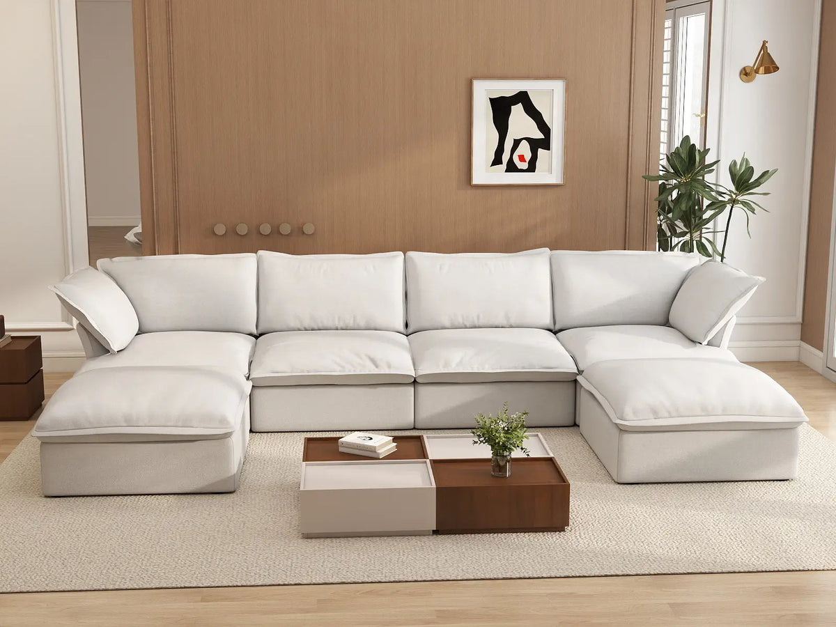 Deluxe Cloud 4-Seater White Storage U-Shaped Sectional | 6-Piece (includes 2 Ottomans), Linen and Cotton Fabric, Washable Covers