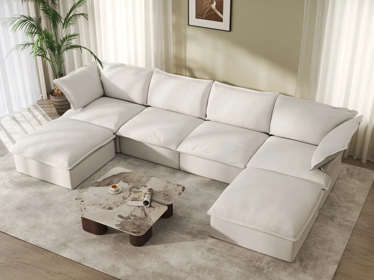 Deluxe Cloud 4-Seater White Storage U-Shaped Sectional | 6-Piece (includes 2 Ottomans), Linen and Cotton Fabric, Washable Covers