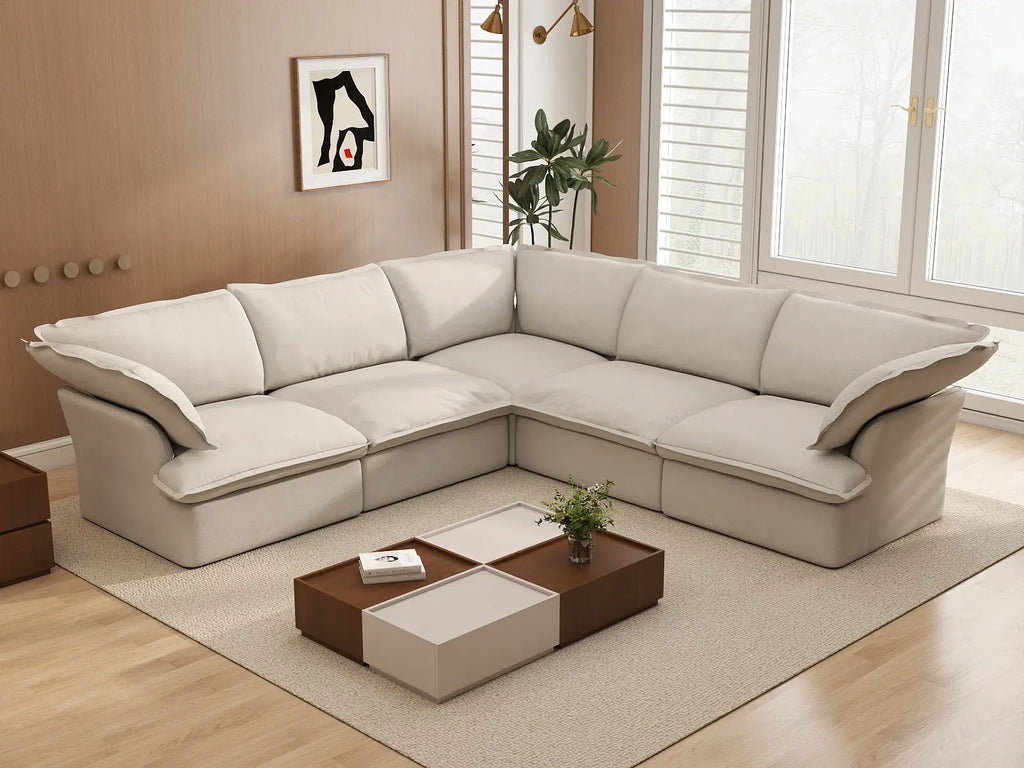 Deluxe Cloud 5-Seater Beige Washable V-Shaped Sectional | 5-Piece, Linen and Cotton Fabric, Modular Design