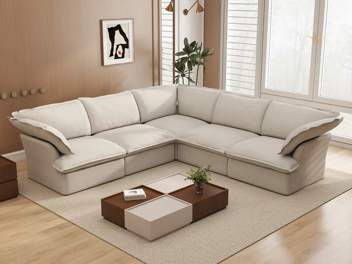 Deluxe Cloud 5-Seater Beige Washable V-Shaped Sectional | 5-Piece, Linen and Cotton Fabric, Modular Design