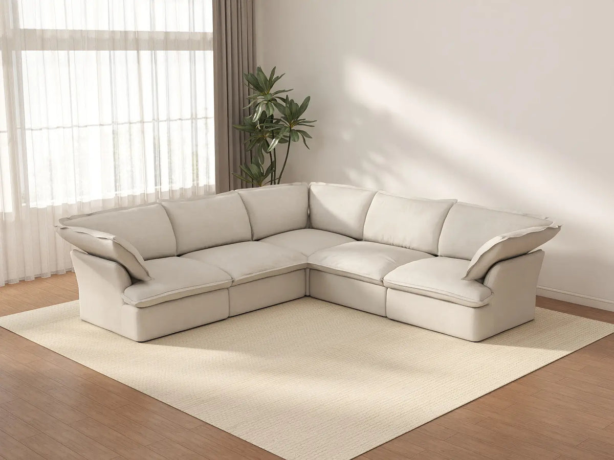 Deluxe Cloud 5-Seater Beige Washable V-Shaped Sectional | 5-Piece, Linen and Cotton Fabric, Modular Design