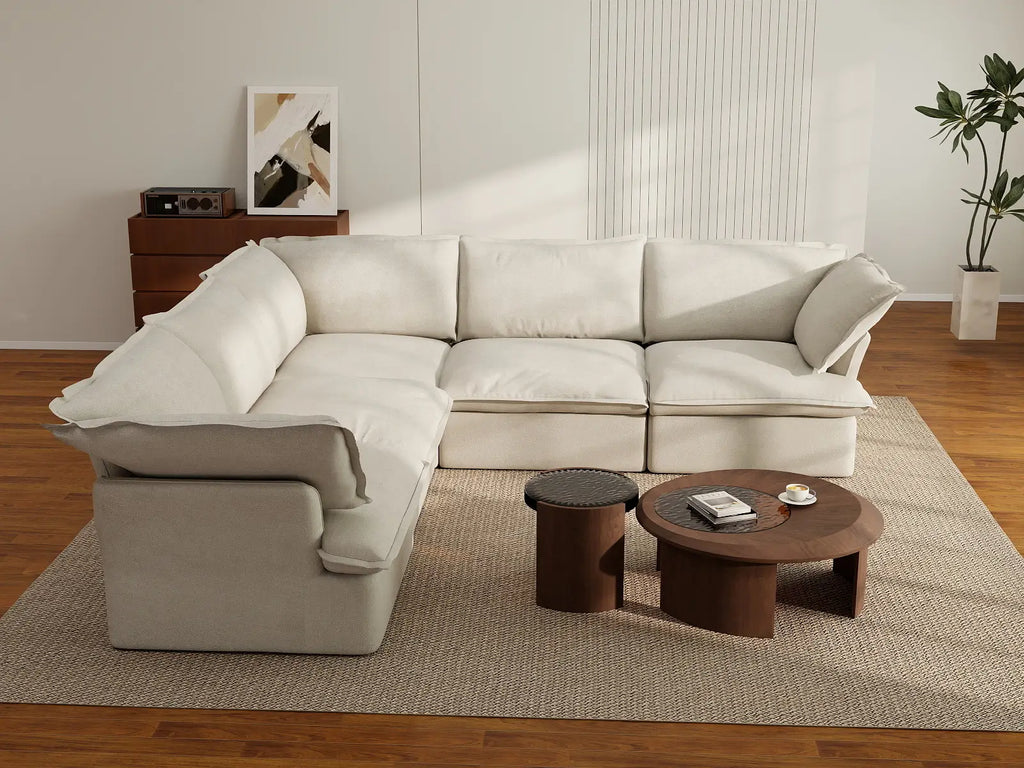Deluxe Cloud 5-Seater Beige Washable V-Shaped Sectional | 5-Piece, Linen and Cotton Fabric, Modular Design