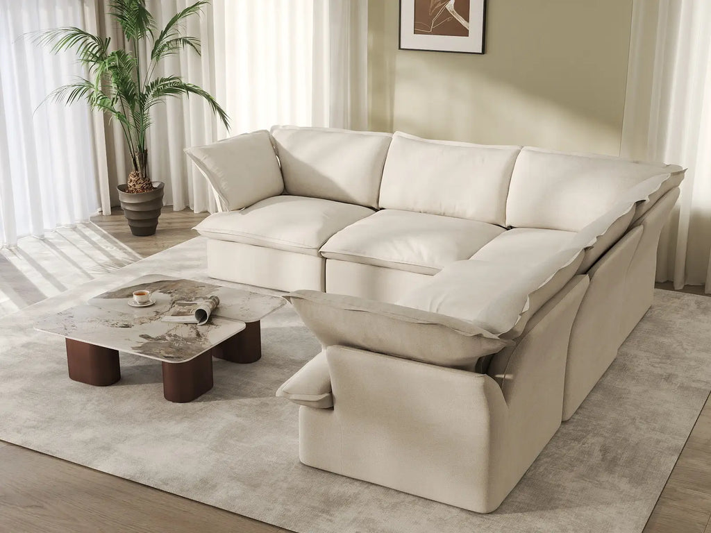 Deluxe Cloud 5-Seater Beige Washable V-Shaped Sectional | 5-Piece, Linen and Cotton Fabric, Modular Design