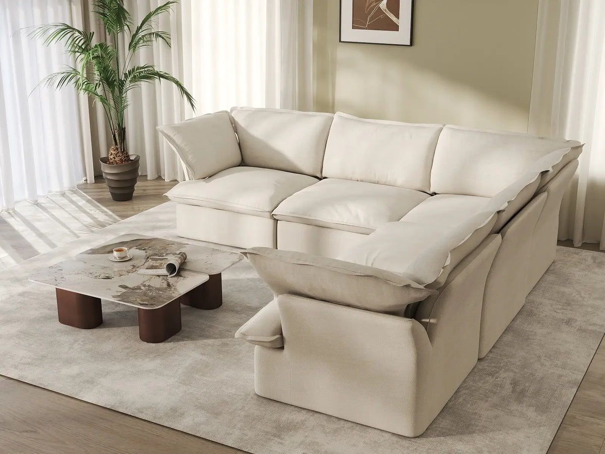 Deluxe Cloud 5-Seater Beige Washable V-Shaped Sectional | 5-Piece, Linen and Cotton Fabric, Modular Design