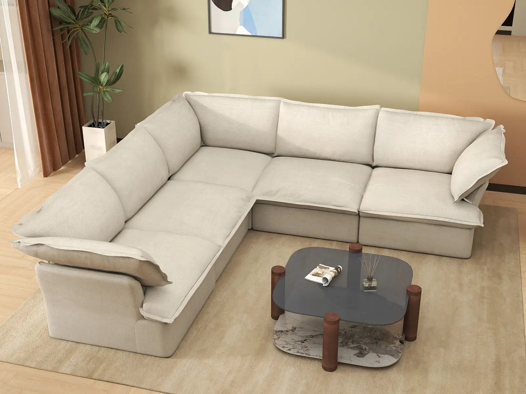 Deluxe Cloud 5-Seater Beige Washable V-Shaped Sectional | 5-Piece, Linen and Cotton Fabric, Modular Design