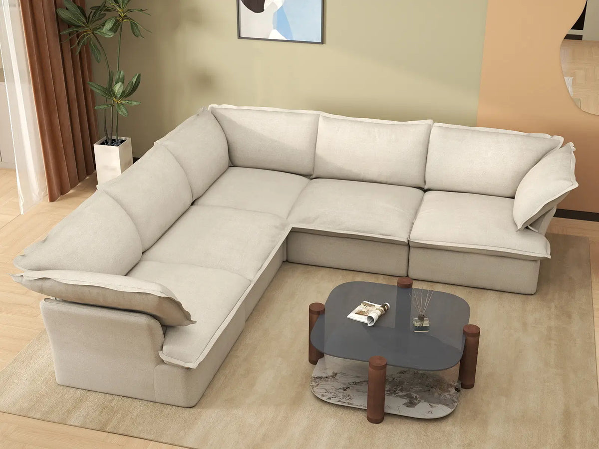 Deluxe Cloud 5-Seater Beige Washable V-Shaped Sectional | 5-Piece, Linen and Cotton Fabric, Modular Design