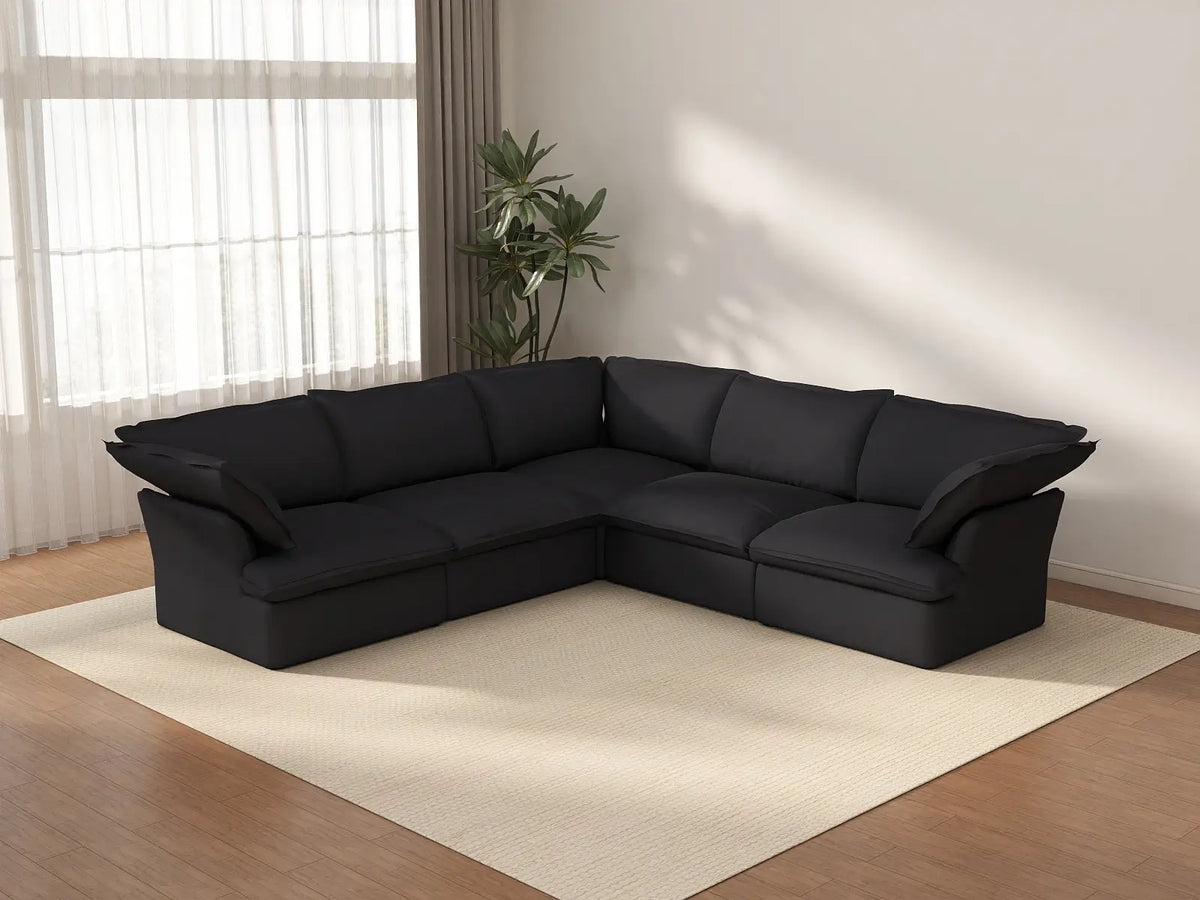 Deluxe Cloud 5-Seater Black Washable V-Shaped Sectional | 5-Piece, Linen and Cotton Fabric, Modular Design