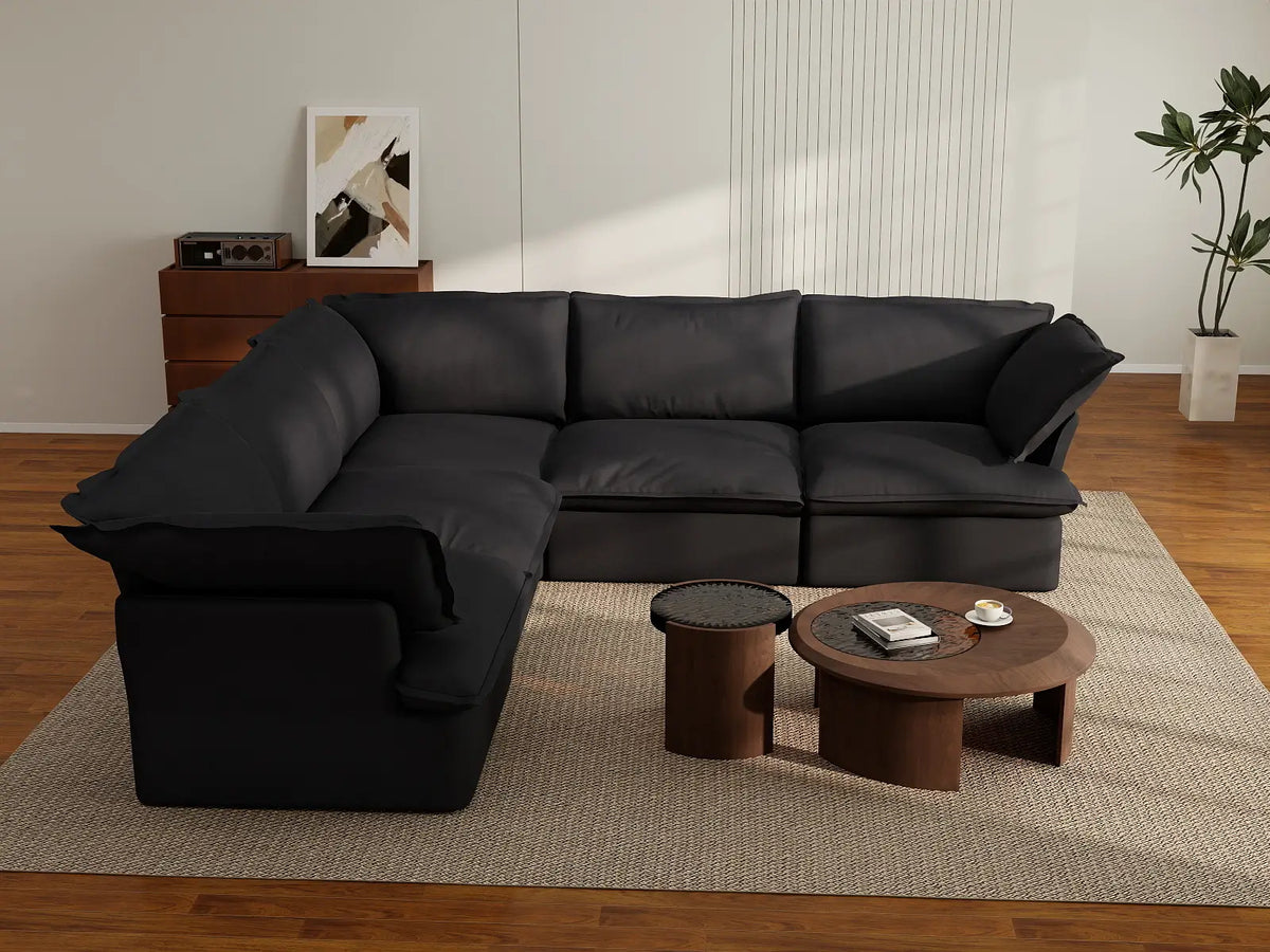 Deluxe Cloud 5-Seater Black Washable V-Shaped Sectional | 5-Piece, Linen and Cotton Fabric, Modular Design