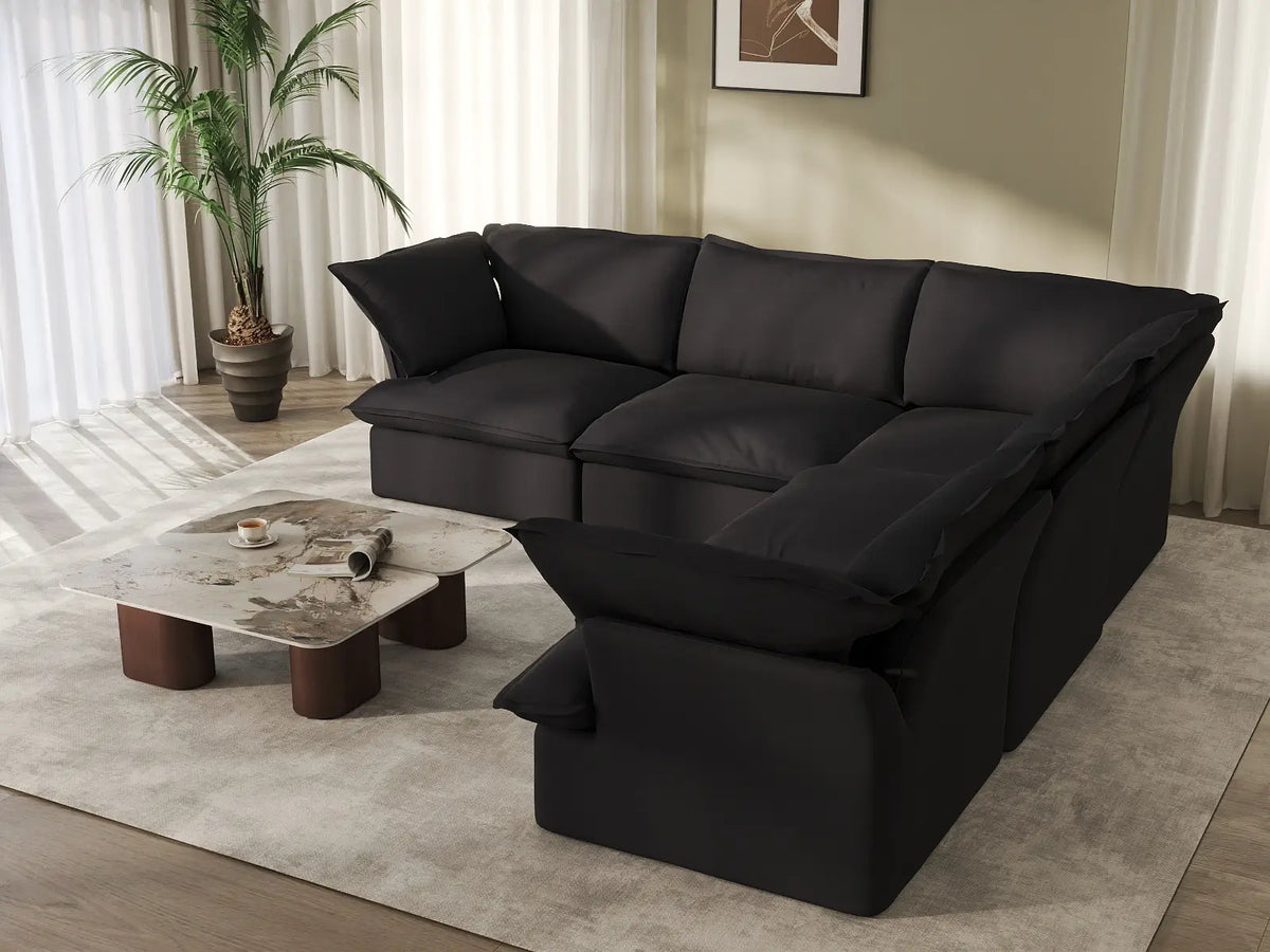 Deluxe Cloud 5-Seater Black Washable V-Shaped Sectional | 5-Piece, Linen and Cotton Fabric, Modular Design