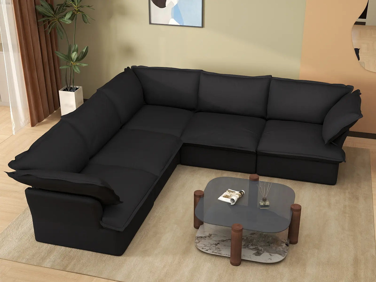 Deluxe Cloud 5-Seater Black Washable V-Shaped Sectional | 5-Piece, Linen and Cotton Fabric, Modular Design
