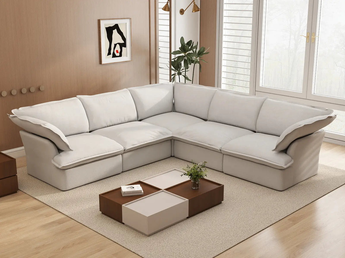 Deluxe Cloud 5-Seater White Washable V-Shaped Sectional | 5-Piece, Linen and Cotton Fabric, Modular Design