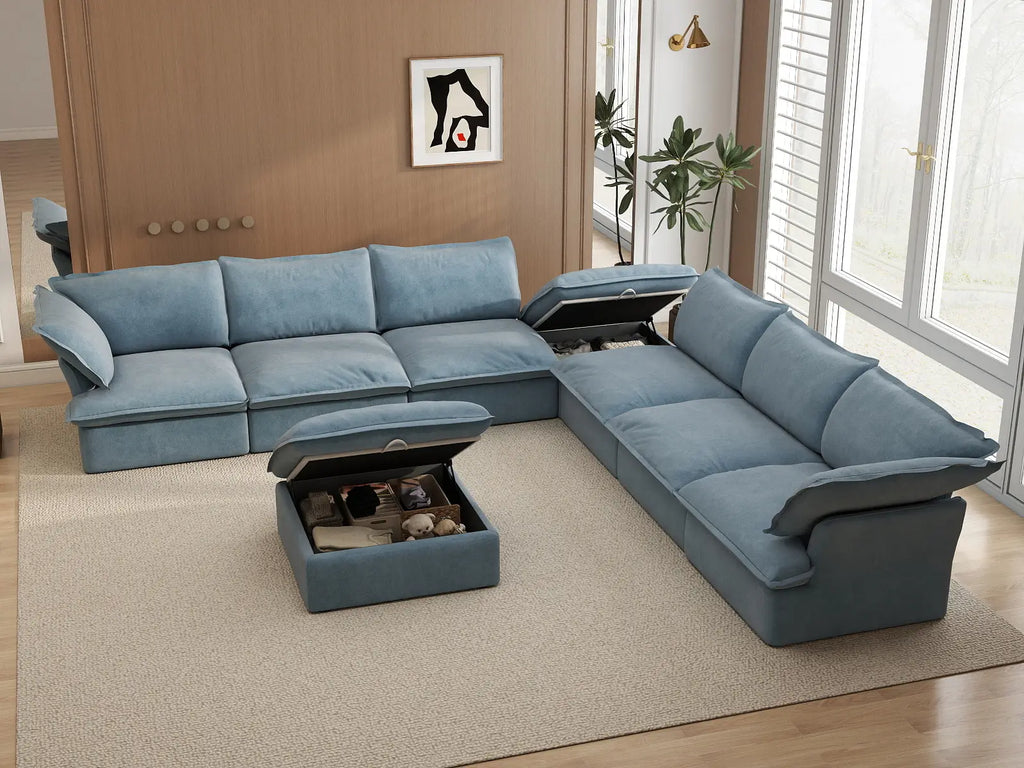 Deluxe Cloud 6-Seater Sofa Set with Storage | 8-Piece (includes 2 ottomans), Velvet Fabric, Washable Covers